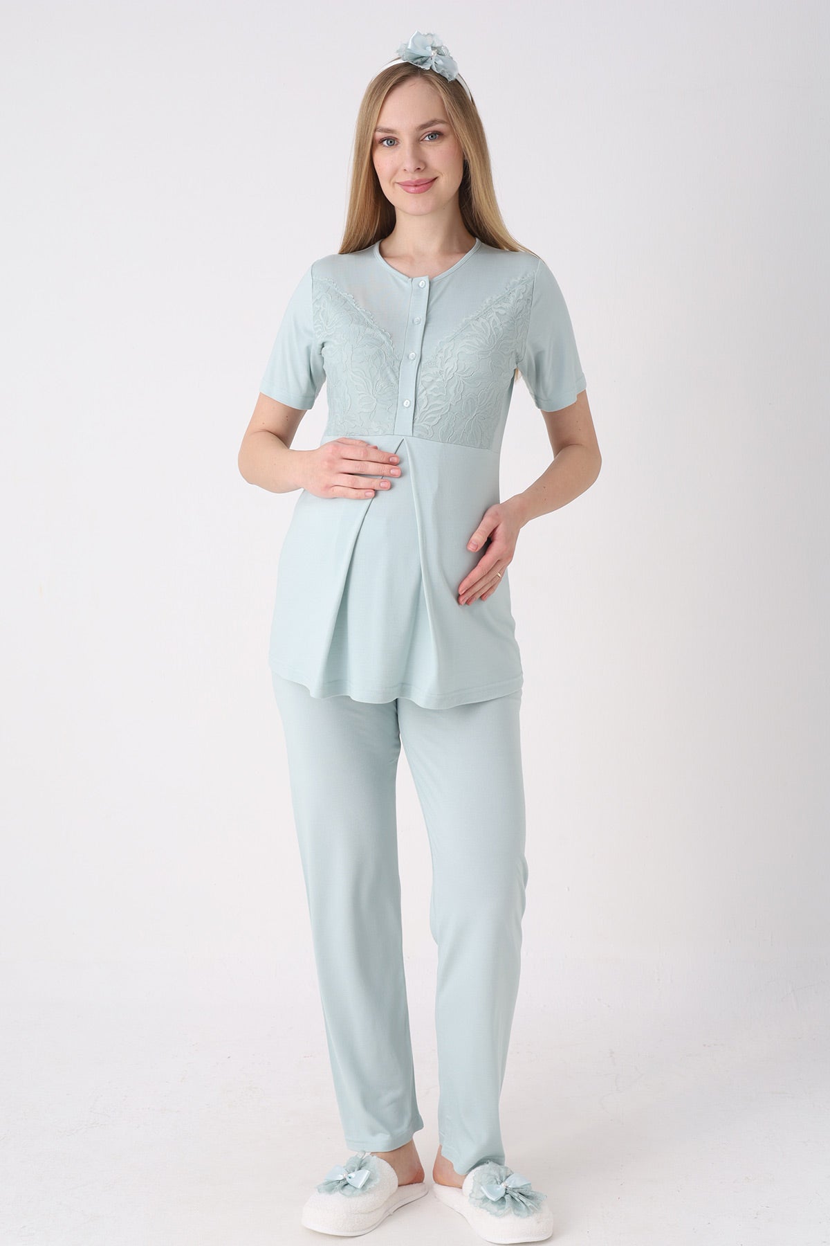 Elegant Lace Detailed 3-Piece Maternity-Nursing Pajama & Jacquard Robe Set Mint - 3472