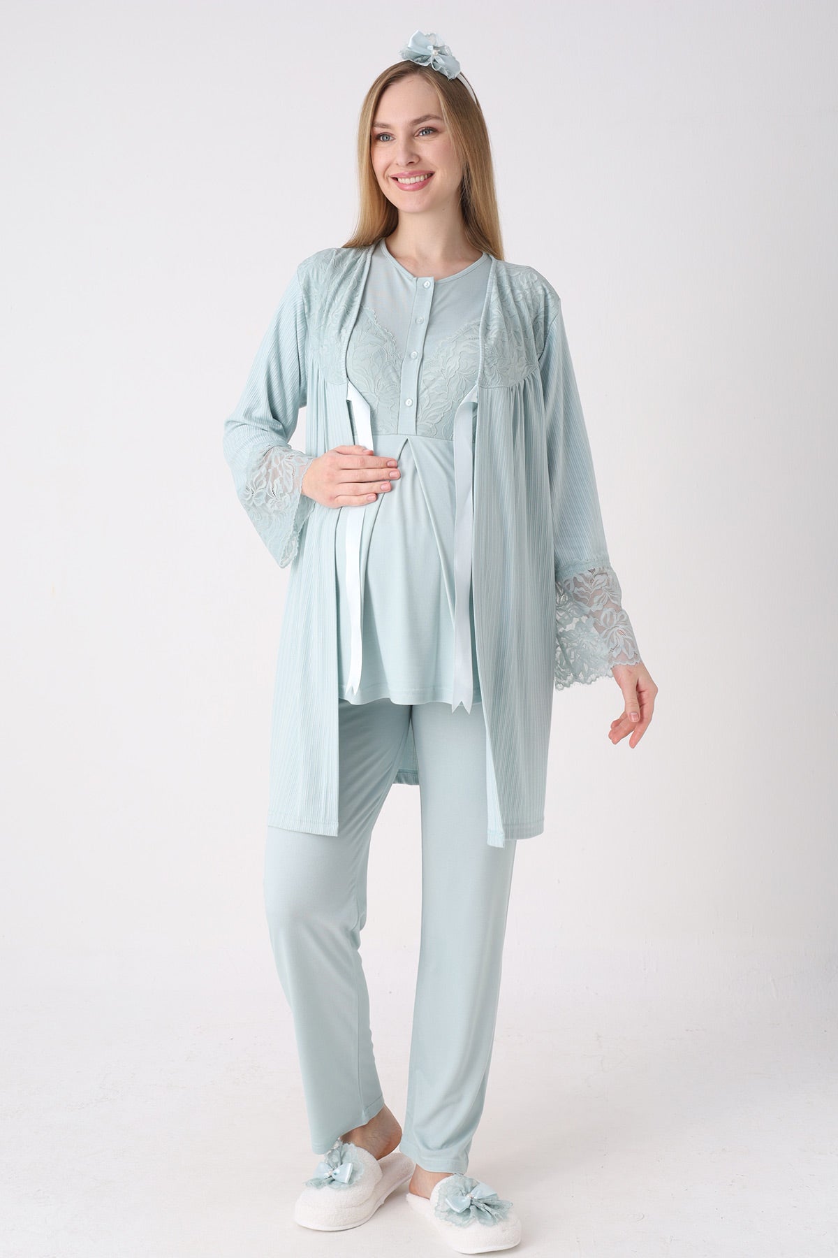 Elegant Lace Detailed 3-Piece Maternity-Nursing Pajama & Jacquard Robe Set Mint - 3472