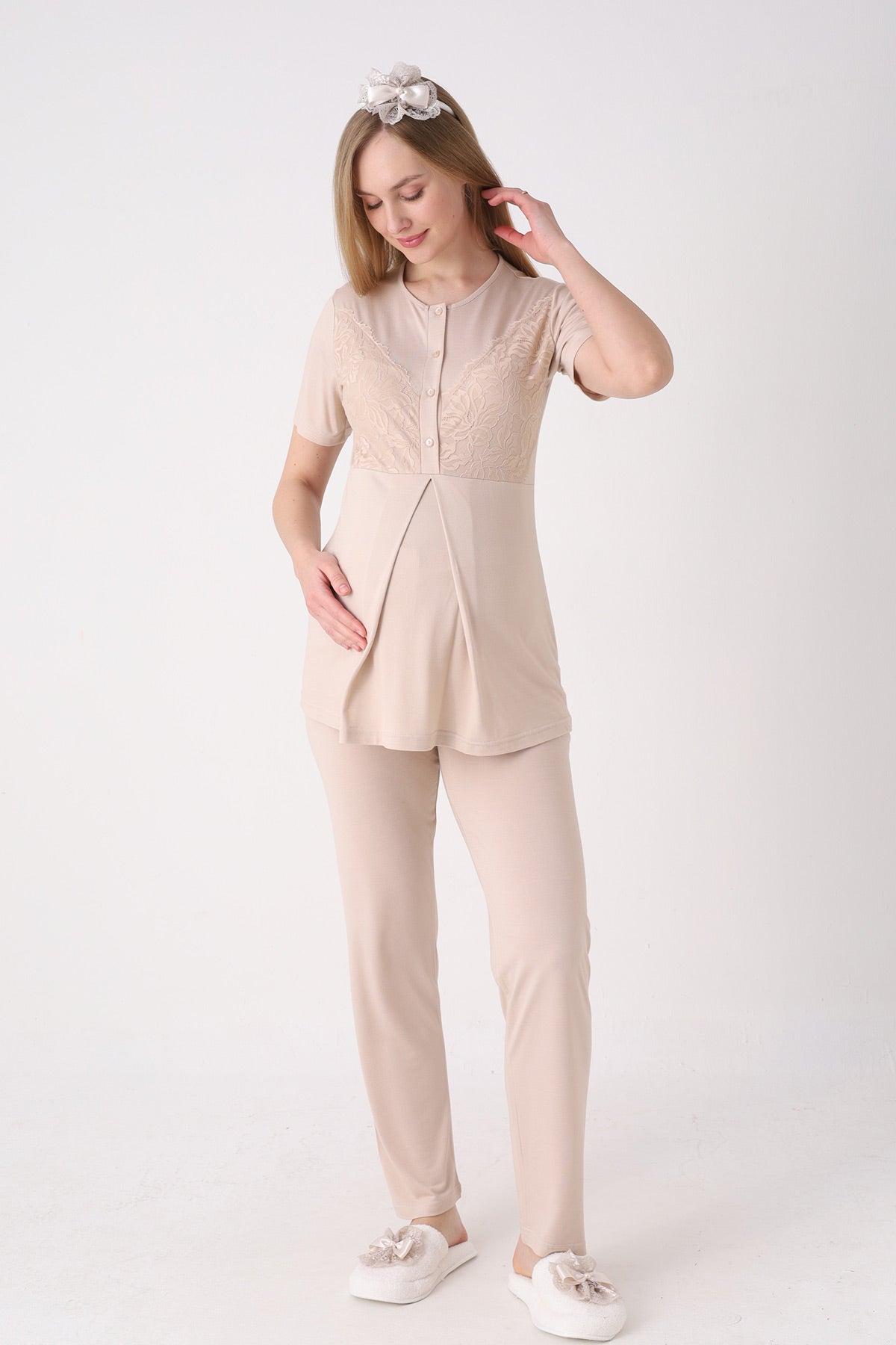 Elegant Lace Detailed 3-Piece Maternity-Nursing Pajama & Jacquard Robe Set Mink - 3472