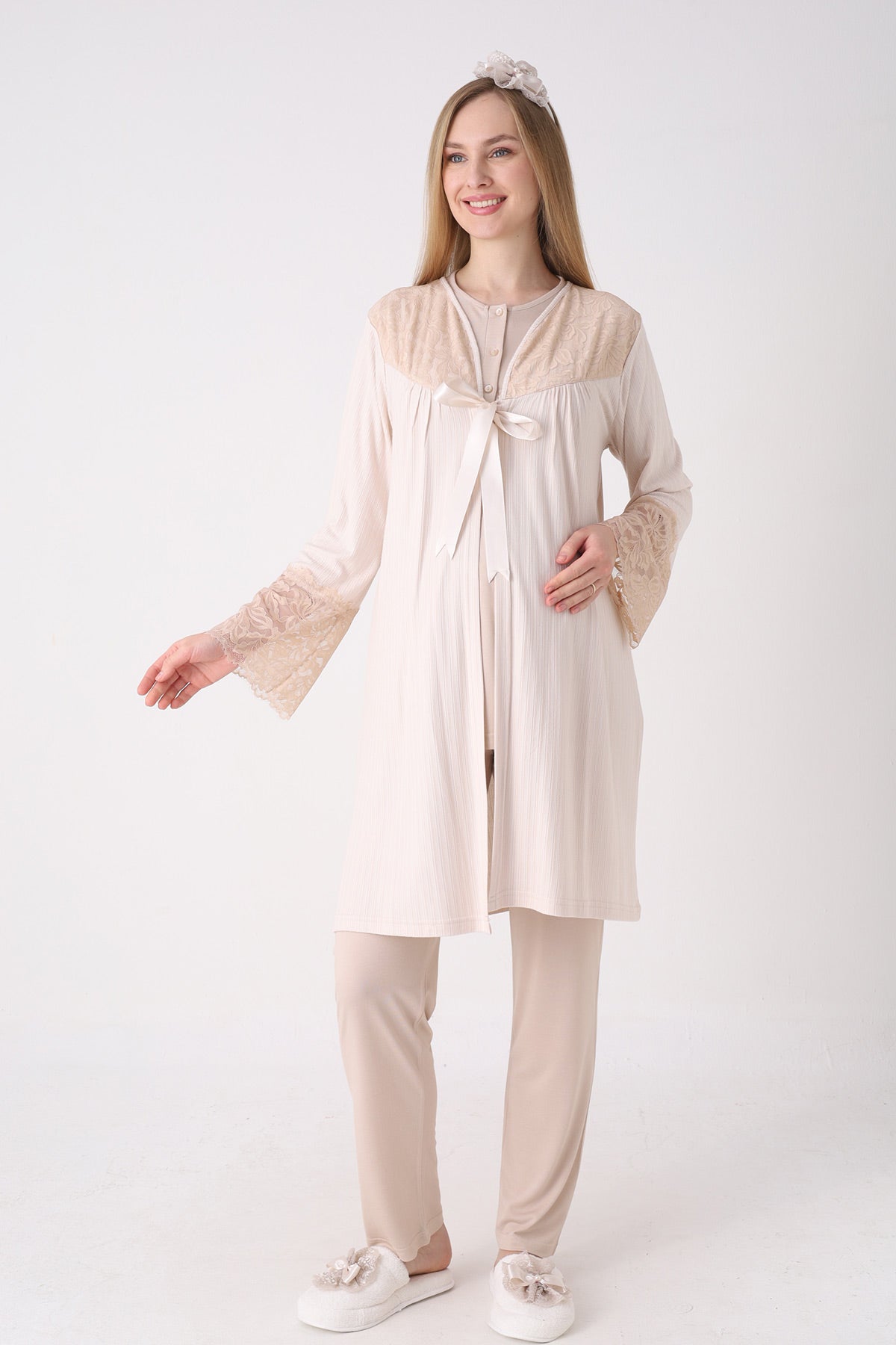 Elegant Lace Detailed 3-Piece Maternity-Nursing Pajama & Jacquard Robe Set Mink - 3472