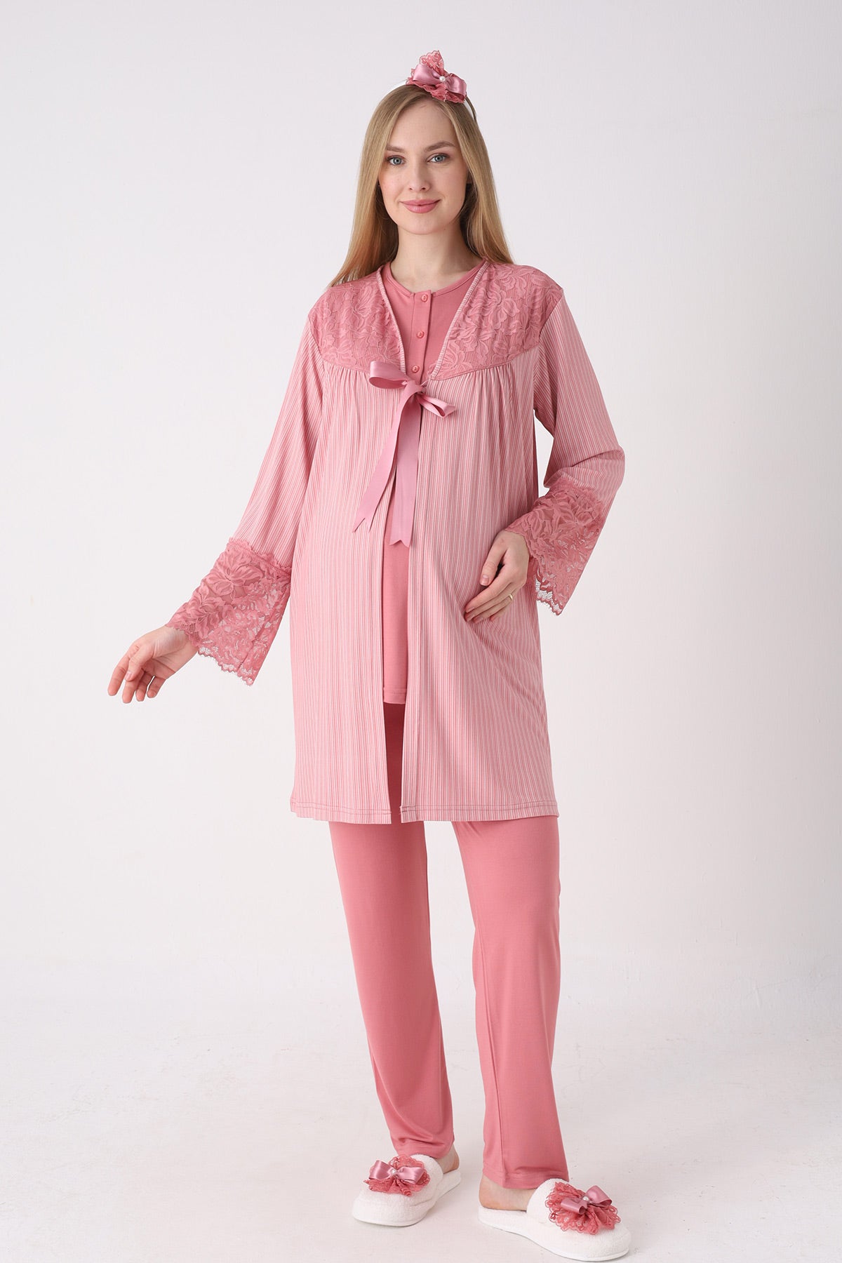 Elegant Lace Detailed 3-Piece Maternity-Nursing Pajama & Jacquard Robe Set Pomegranate Red - 3472