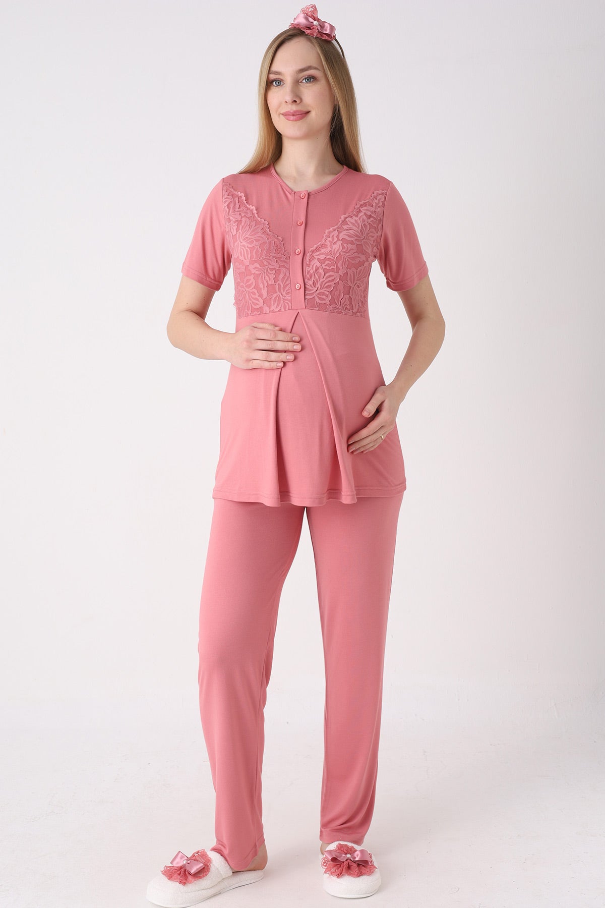 Elegant Lace Detailed 3-Piece Maternity-Nursing Pajama & Jacquard Robe Set Pomegranate Red - 3472