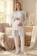 Guipure Collar 3-Piece Maternity-Nursing Pajama & Patterned Robe Set Ecru - 3473