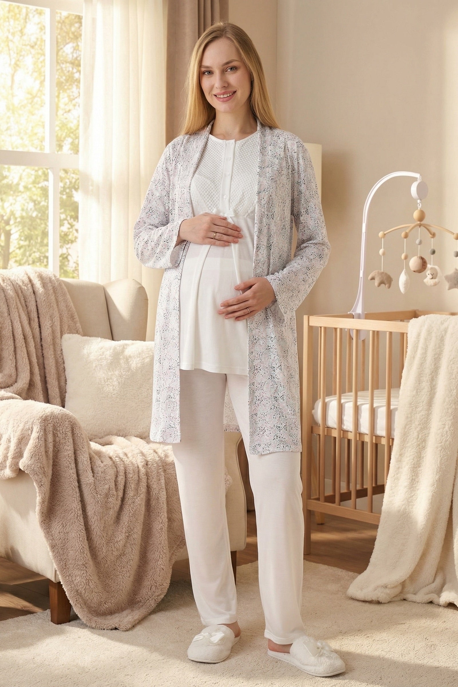 Guipure Collar 3-Piece Maternity-Nursing Pajama & Patterned Robe Set Ecru - 3473