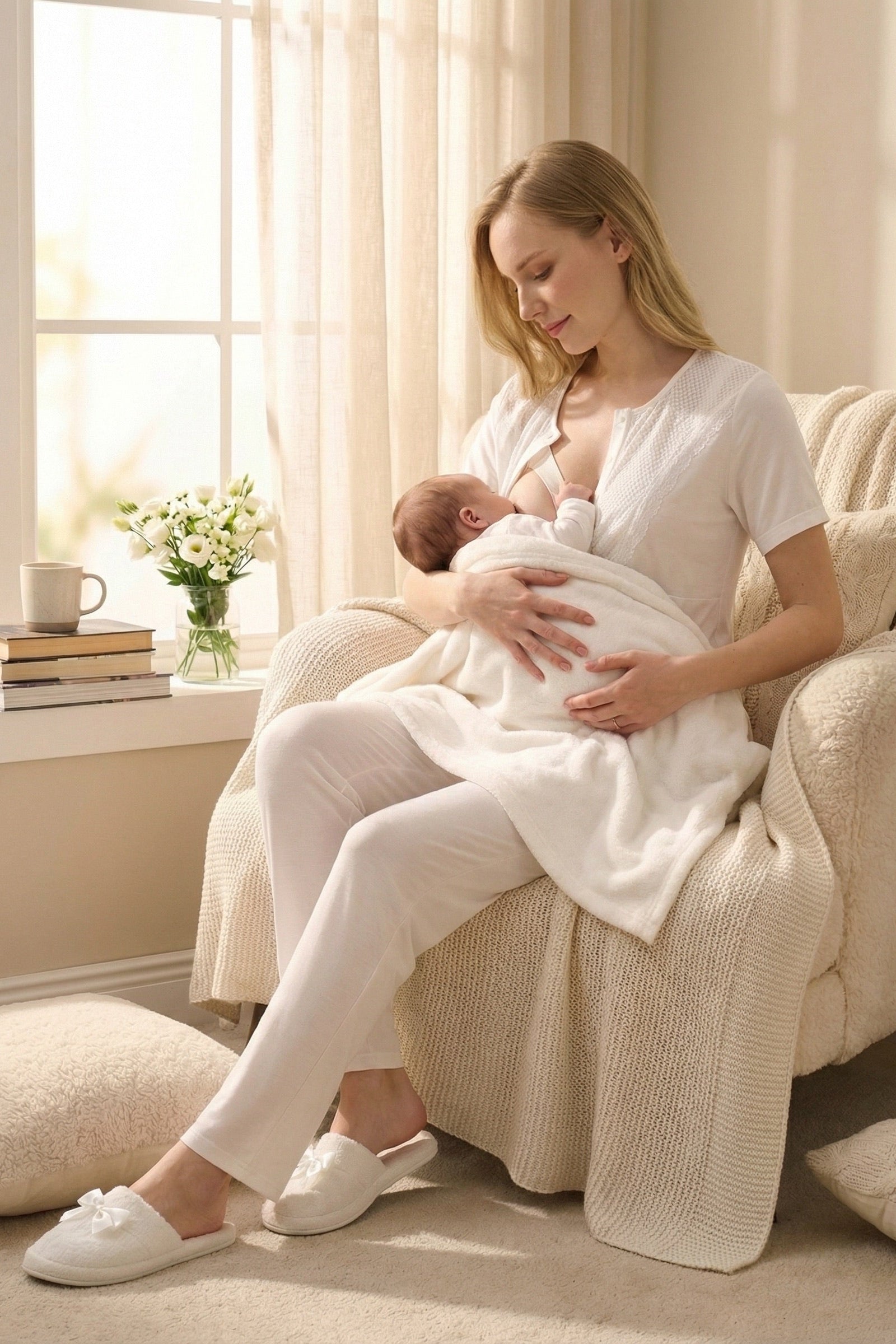 Guipure Collar 3-Piece Maternity-Nursing Pajama & Patterned Robe Set Ecru - 3473