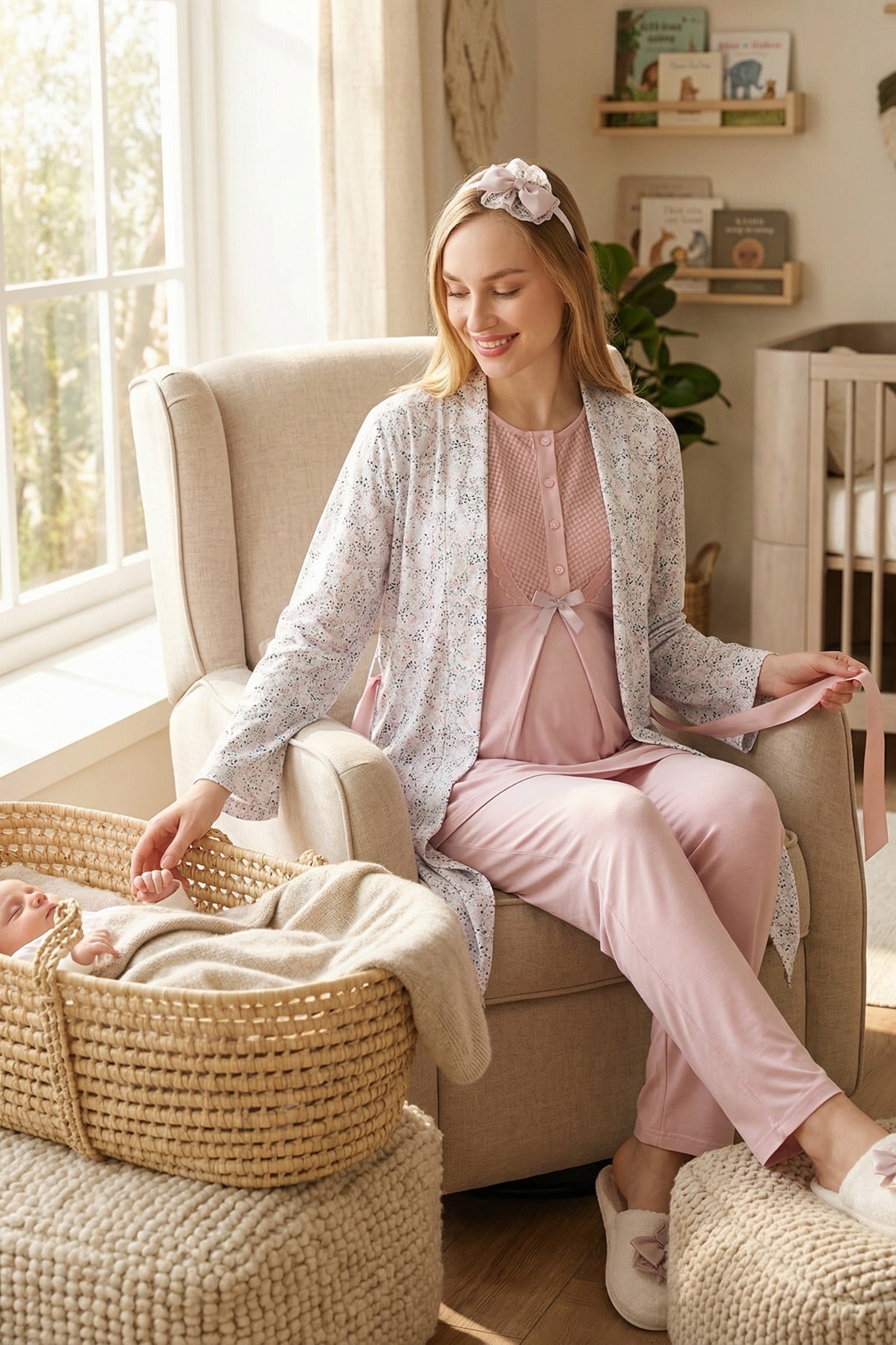 Guipure Collar 3-Piece Maternity-Nursing Pajama & Patterned Robe Set Powder - 3473