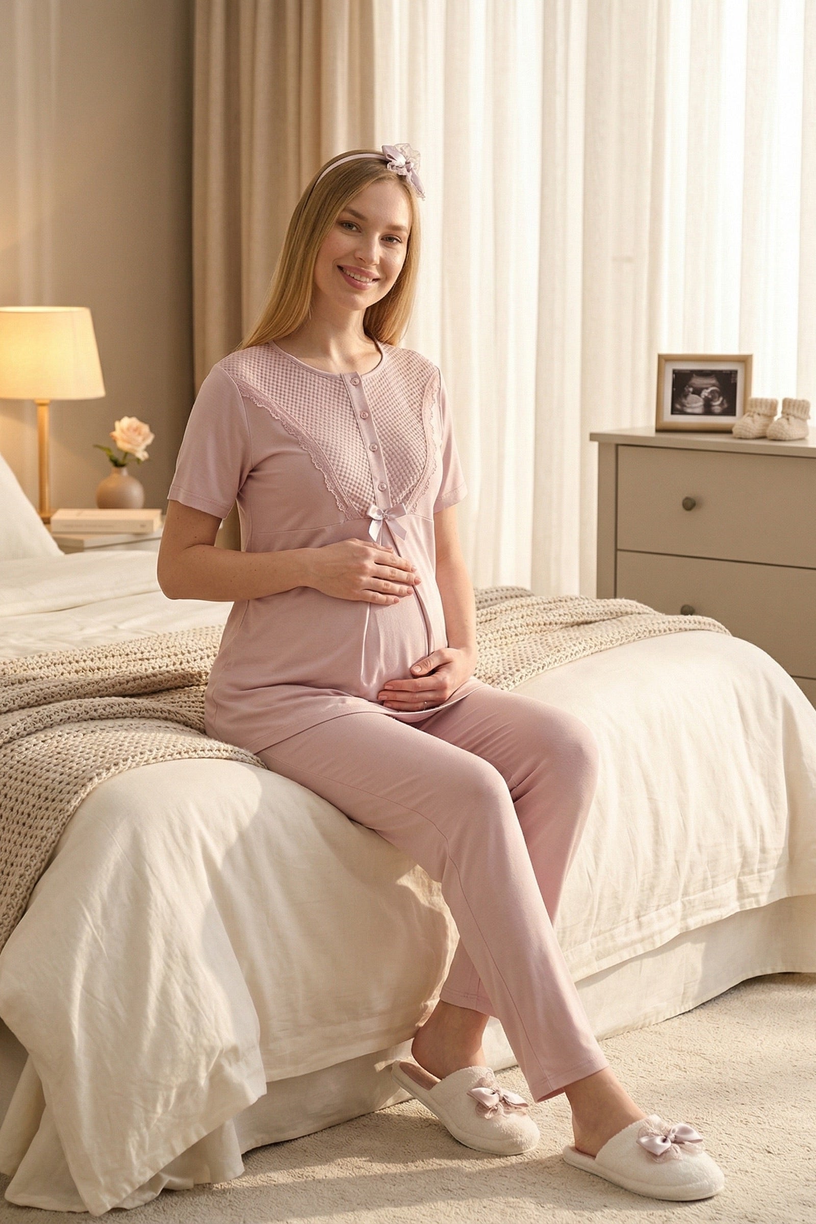 Guipure Collar 3-Piece Maternity-Nursing Pajama & Patterned Robe Set Powder - 3473