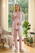 Guipure Collar 3-Piece Maternity-Nursing Pajama & Patterned Robe Set Powder - 3473