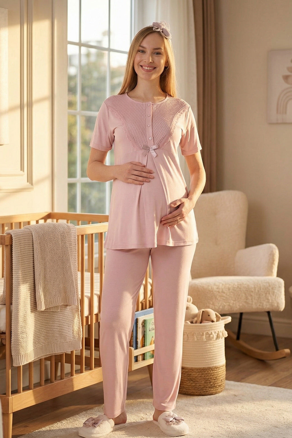 Guipure Collar 3-Piece Maternity-Nursing Pajama & Patterned Robe Set Powder - 3473