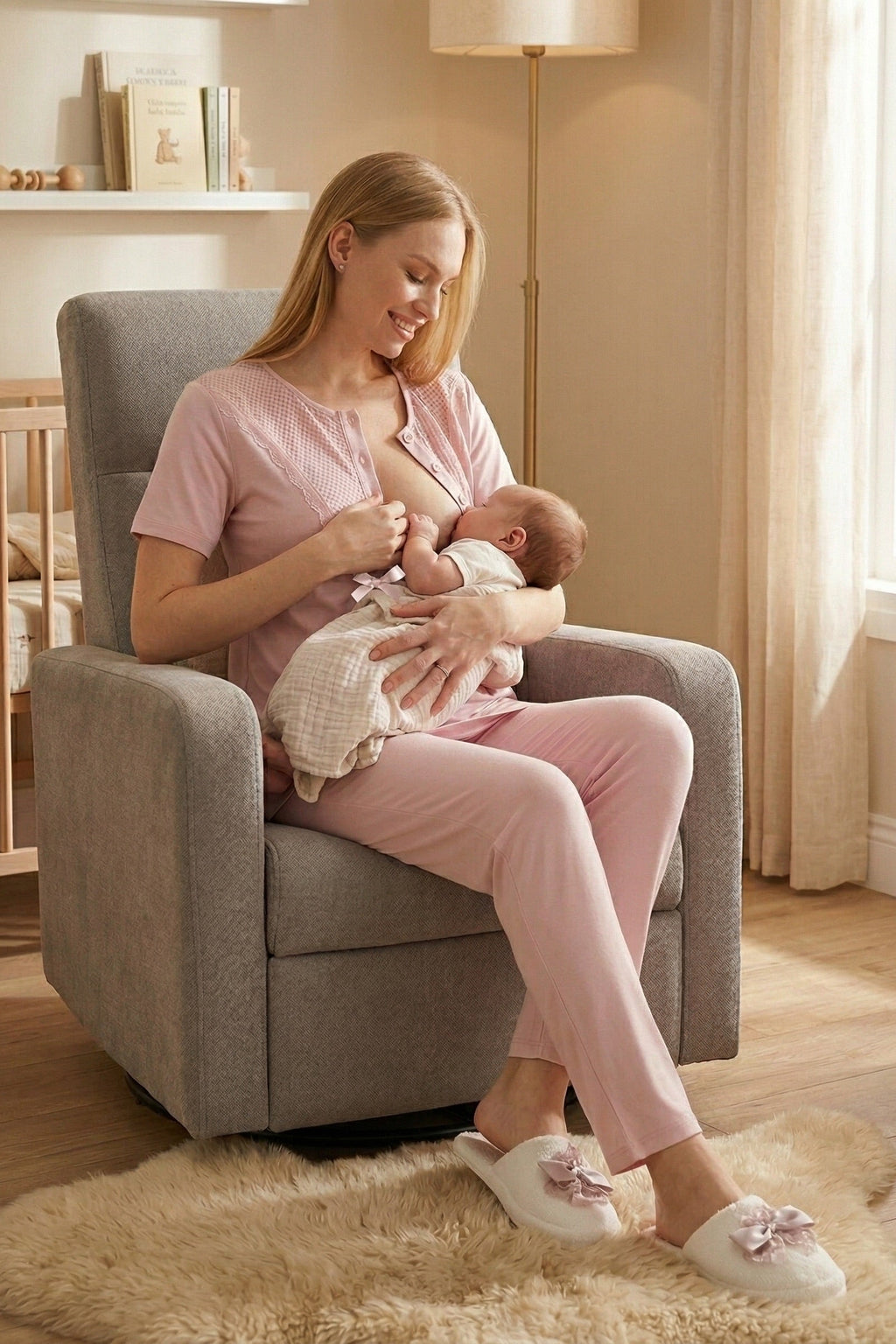 Guipure Collar 3-Piece Maternity-Nursing Pajama & Patterned Robe Set Powder - 3473