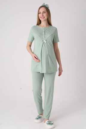 Lace Collar 3-Piece Maternity-Nursing Pajama & Lace Sleeve Robe Set Green - 3474