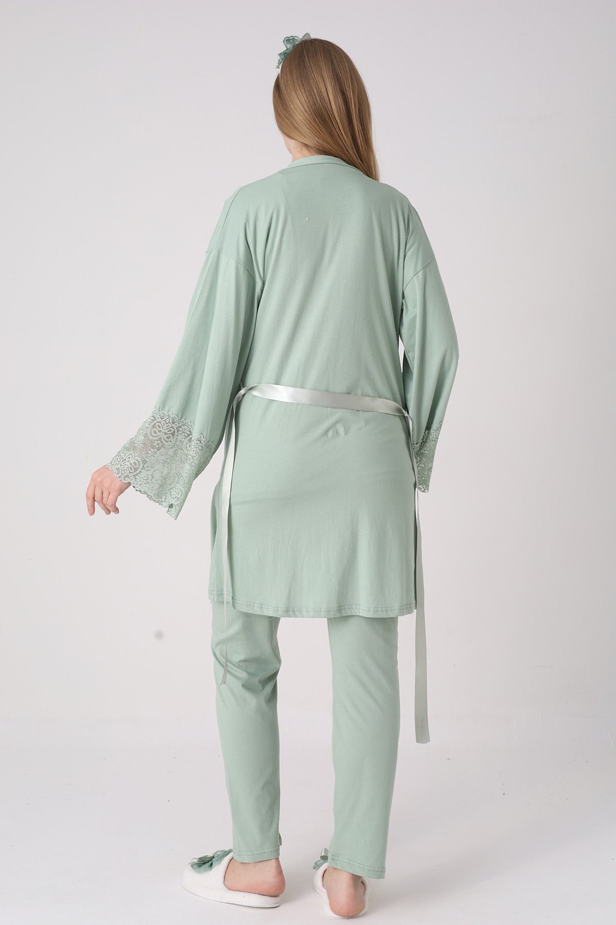 Lace Collar 3-Piece Maternity-Nursing Pajama & Lace Sleeve Robe Set Green - 3474
