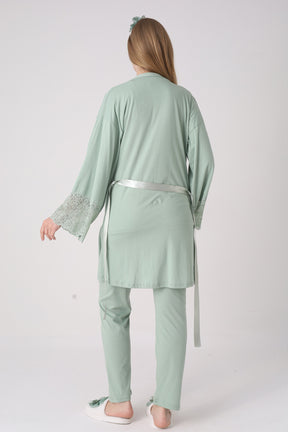 Lace Collar 3-Piece Maternity-Nursing Pajama & Lace Sleeve Robe Set Green - 3474
