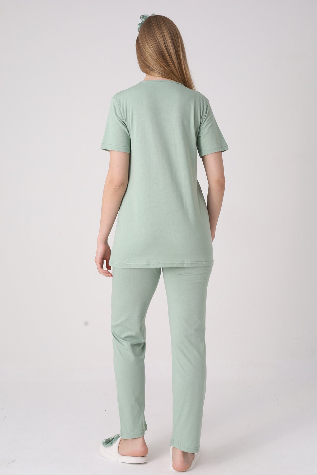 Lace Collar 3-Piece Maternity-Nursing Pajama & Lace Sleeve Robe Set Green - 3474
