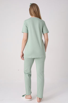 Lace Collar 3-Piece Maternity-Nursing Pajama & Lace Sleeve Robe Set Green - 3474