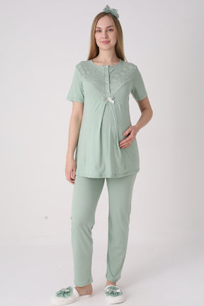 Lace Collar 3-Piece Maternity-Nursing Pajama & Lace Sleeve Robe Set Green - 3474