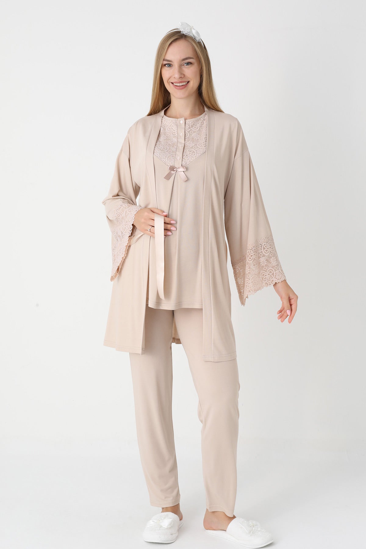 Lace Collar 3-Piece Maternity-Nursing Pajama & Lace Sleeve Robe Set Mink - 3474
