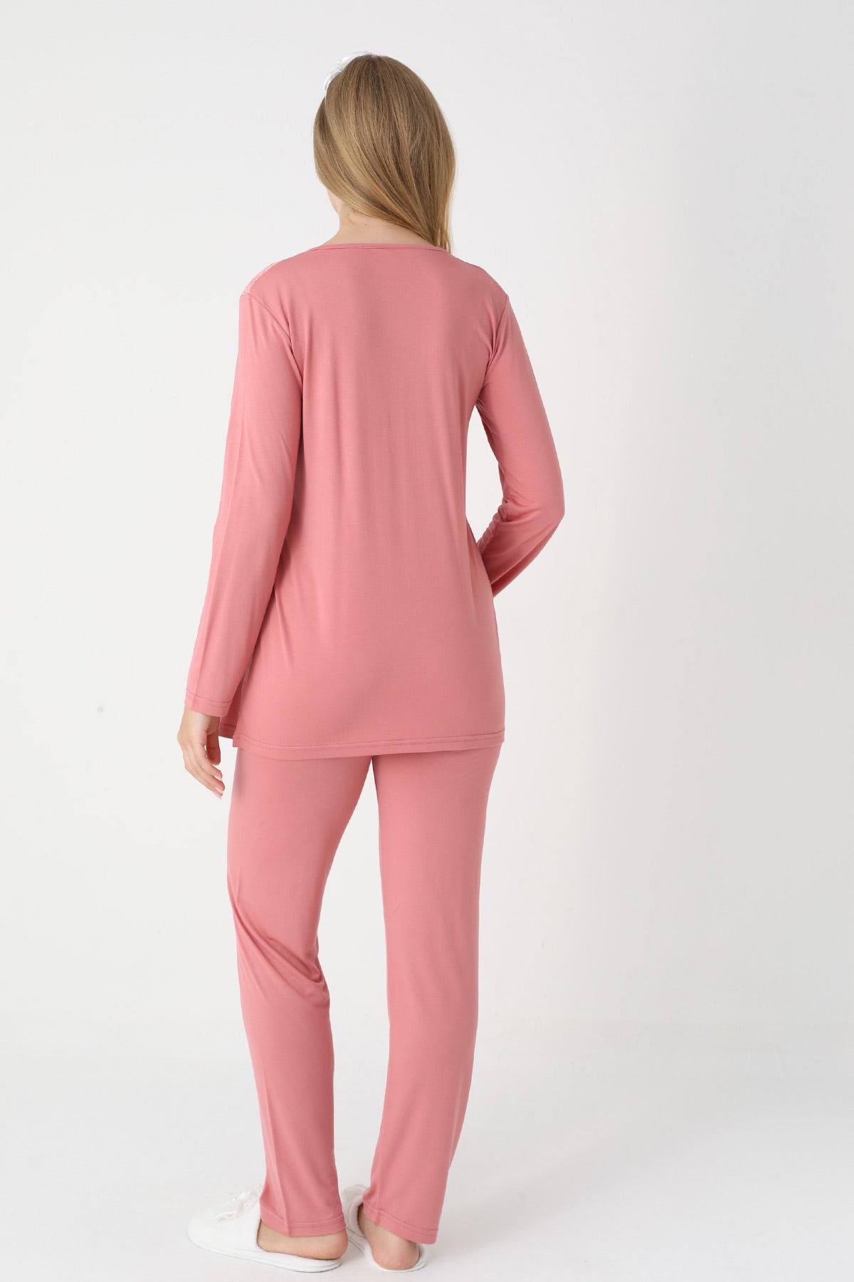 Lace Collar 3-Piece Maternity-Nursing Pajama & Lace Sleeve Robe Set Pomegranate Red - 3474