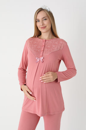 Lace Collar 3-Piece Maternity-Nursing Pajama & Lace Sleeve Robe Set Pomegranate Red - 3474