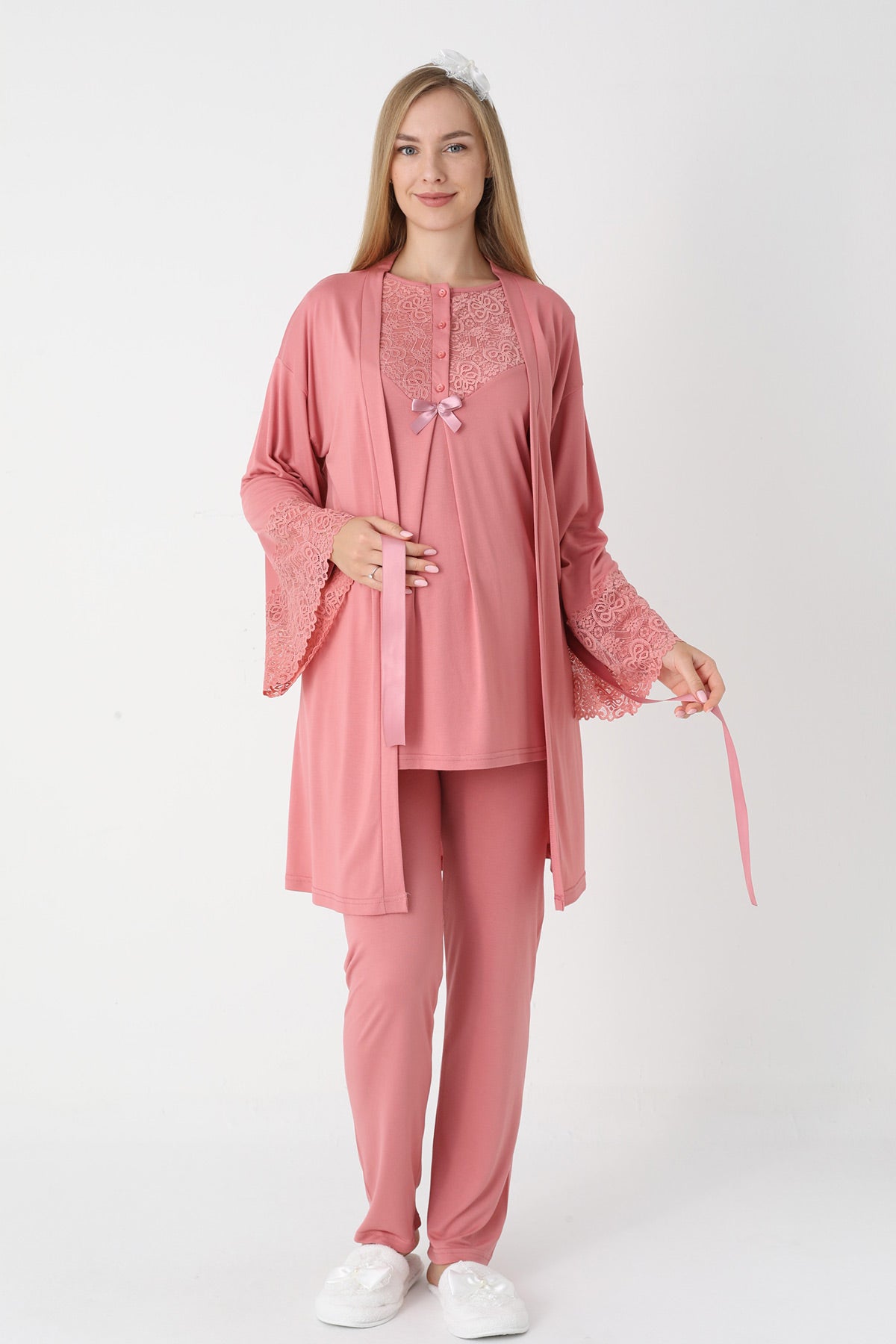 Lace Collar 3-Piece Maternity-Nursing Pajama & Lace Sleeve Robe Set Pomegranate Red - 3474