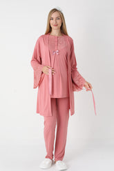Lace Collar 3-Piece Maternity-Nursing Pajama & Lace Sleeve Robe Set Pomegranate Red - 3474