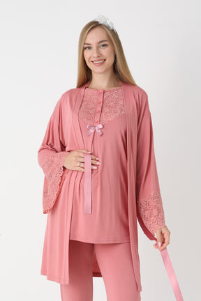 Lace Collar 3-Piece Maternity-Nursing Pajama & Lace Sleeve Robe Set Pomegranate Red - 3474