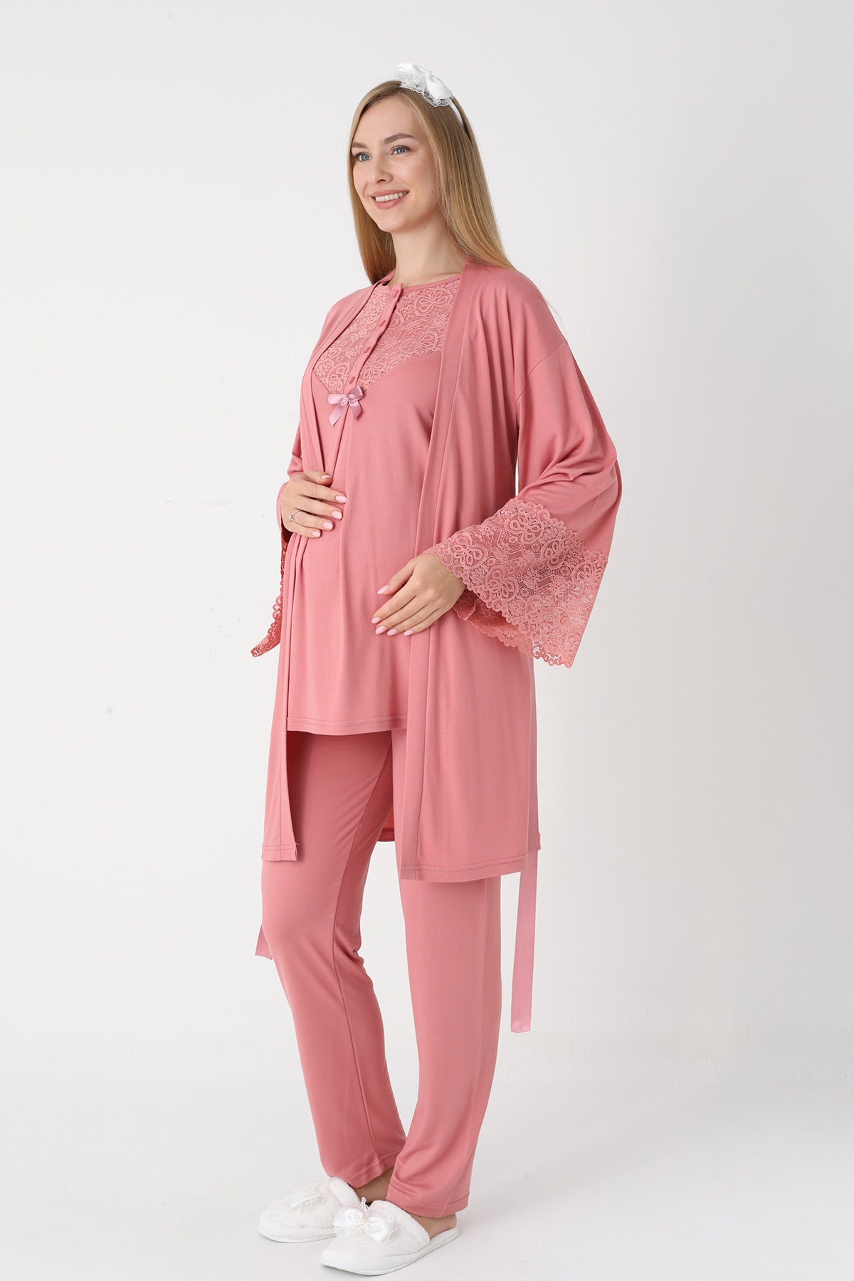 Lace Collar 3-Piece Maternity-Nursing Pajama & Lace Sleeve Robe Set Pomegranate Red - 3474