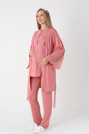 Lace Collar 3-Piece Maternity-Nursing Pajama & Lace Sleeve Robe Set Pomegranate Red - 3474