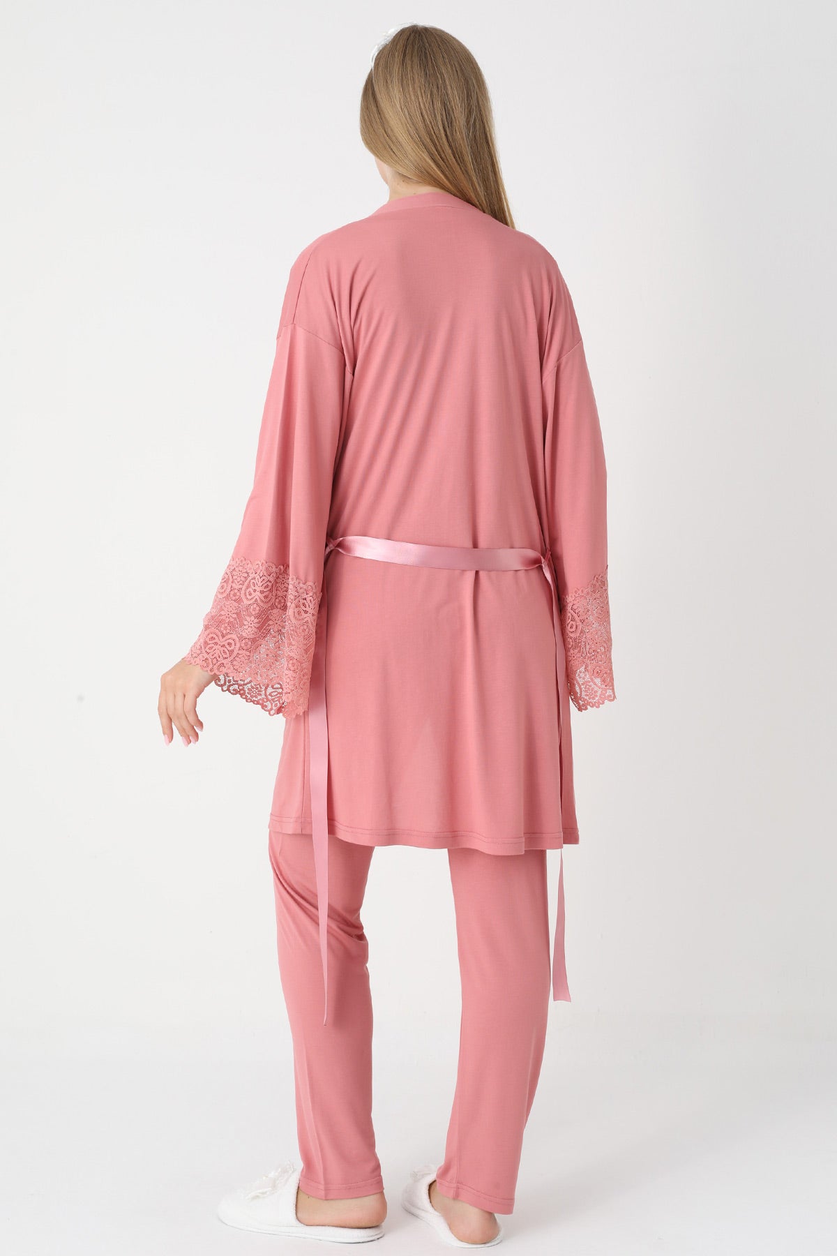 Lace Collar 3-Piece Maternity-Nursing Pajama & Lace Sleeve Robe Set Pomegranate Red - 3474