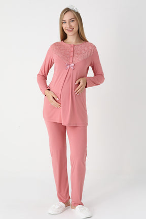 Lace Collar 3-Piece Maternity-Nursing Pajama & Lace Sleeve Robe Set Pomegranate Red - 3474