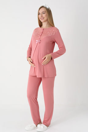 Lace Collar 3-Piece Maternity-Nursing Pajama & Lace Sleeve Robe Set Pomegranate Red - 3474