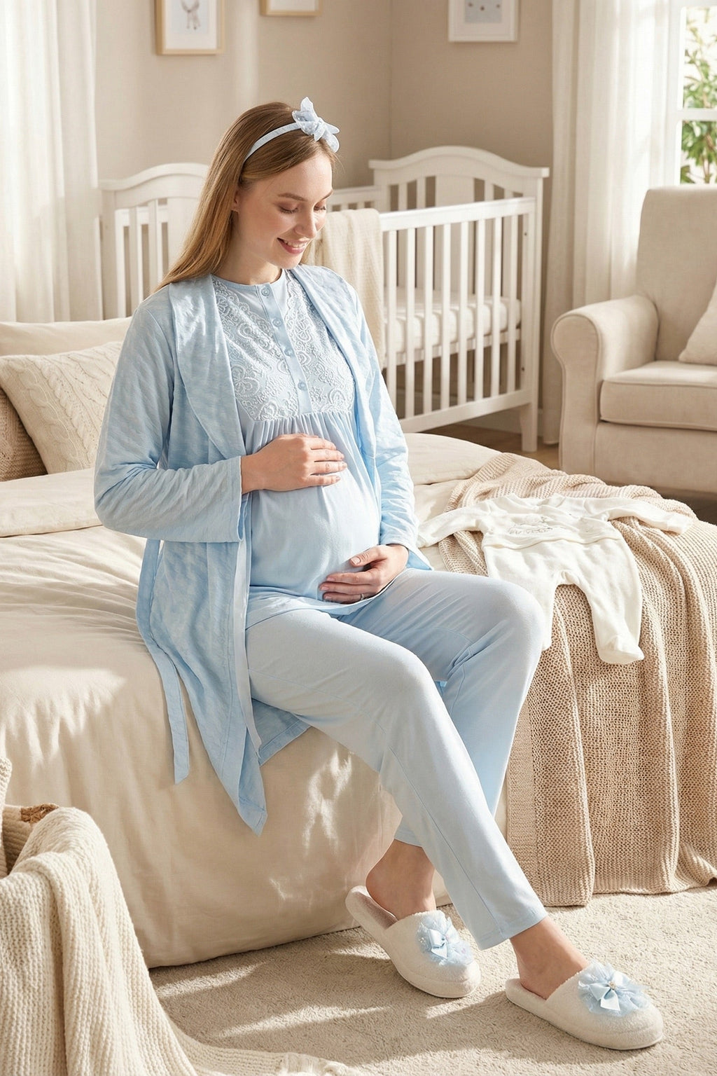 Delicate Lace Collar 3-Piece Maternity-Nursing Pajama & Jacquard Robe Set Blue - 3475