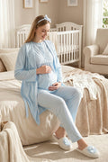 Delicate Lace Collar 3-Piece Maternity-Nursing Pajama & Jacquard Robe Set Blue - 3475
