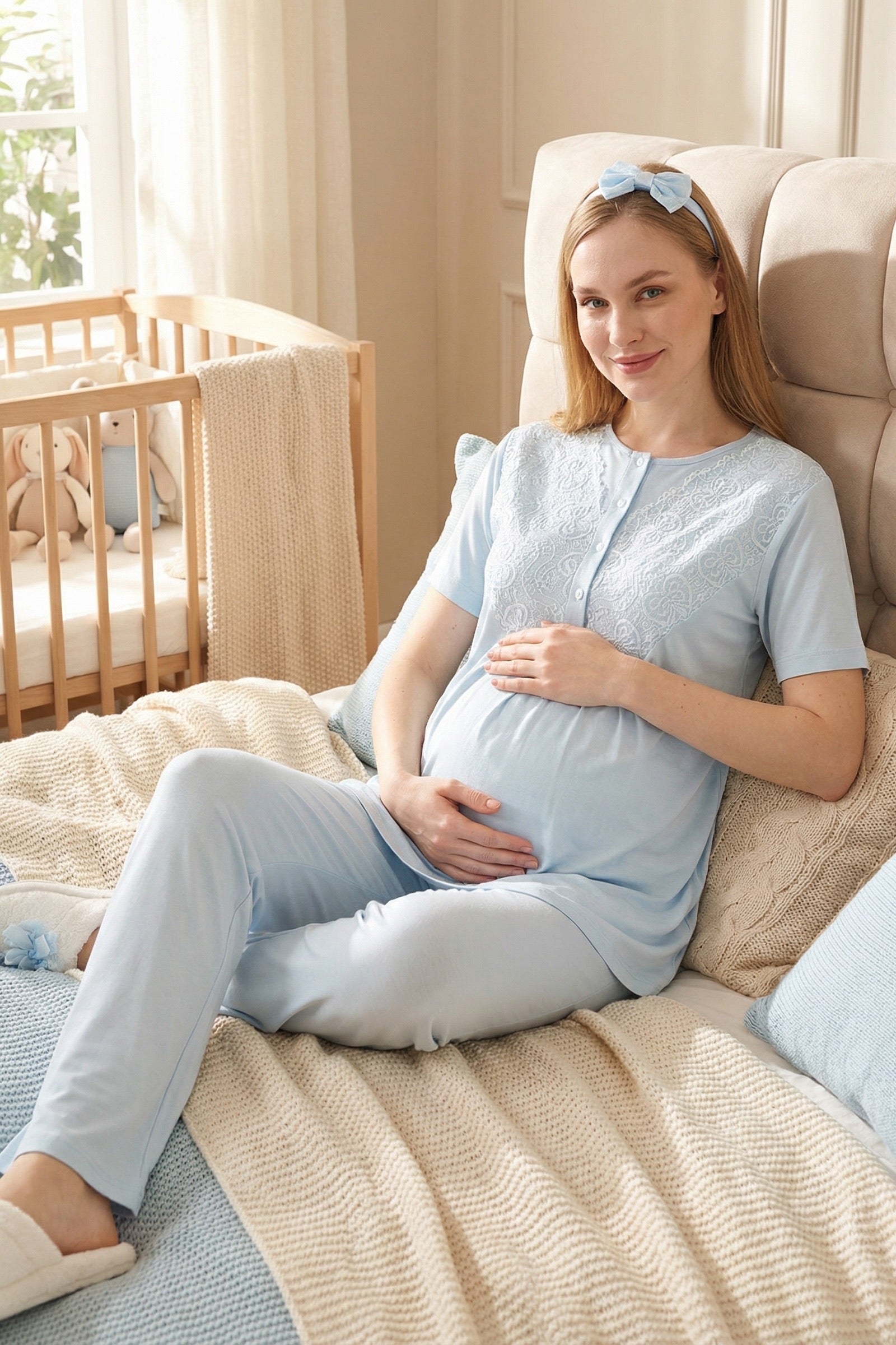 Delicate Lace Collar 3-Piece Maternity-Nursing Pajama & Jacquard Robe Set Blue - 3475