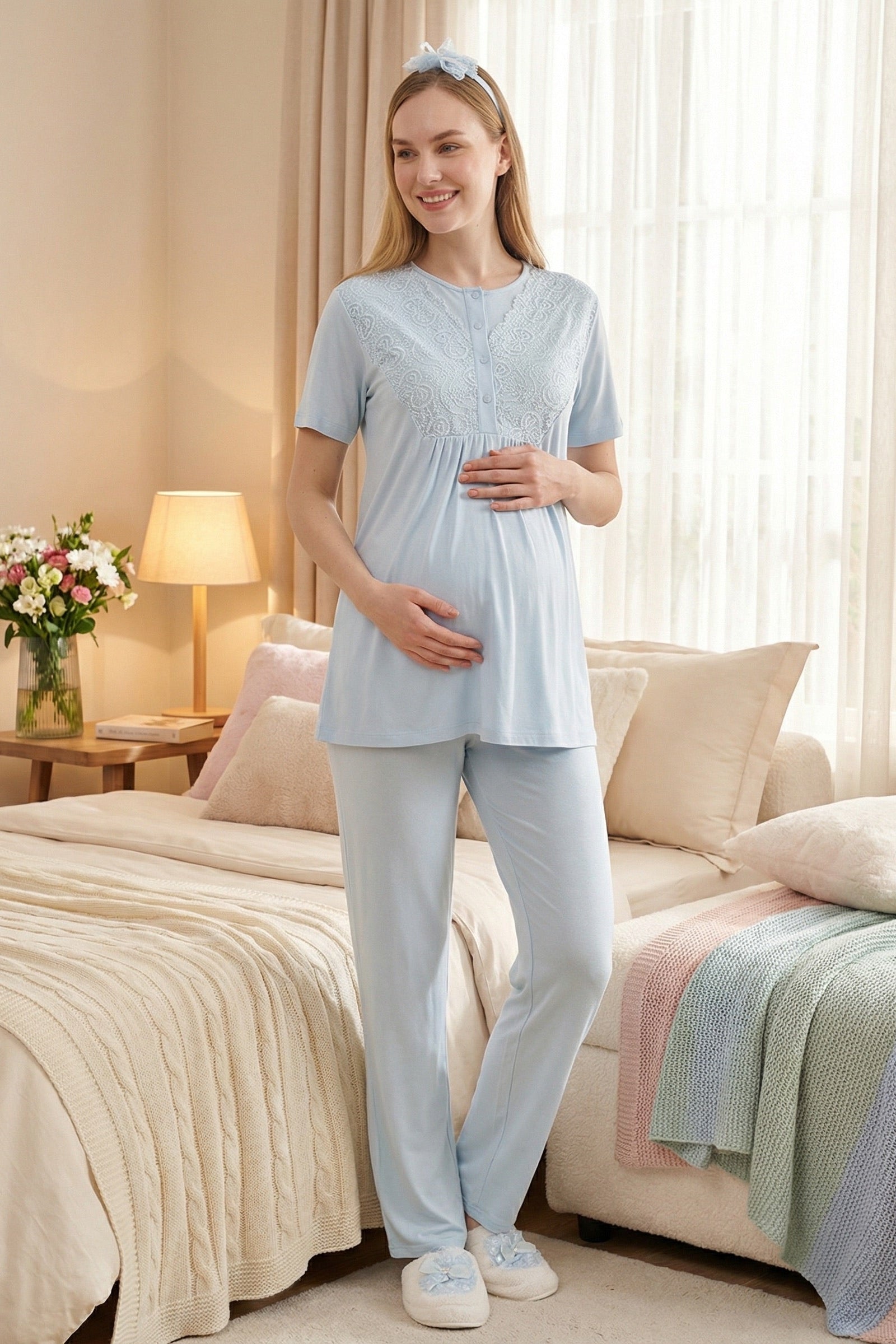 Delicate Lace Collar 3-Piece Maternity-Nursing Pajama & Jacquard Robe Set Blue - 3475