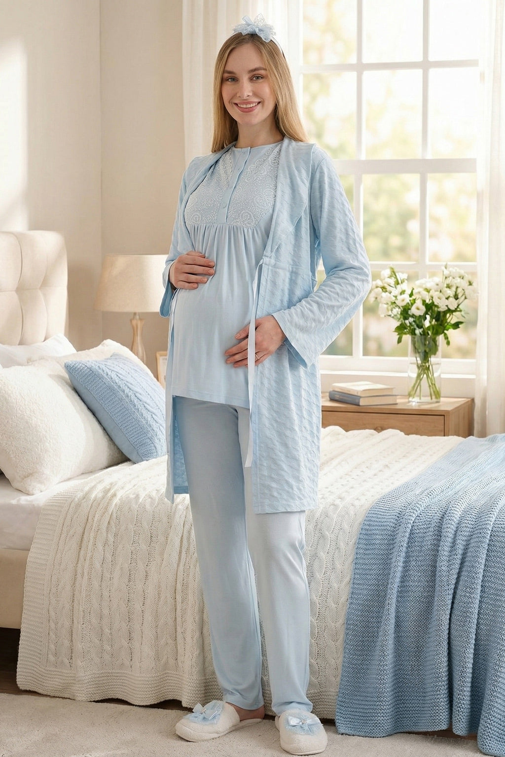 Delicate Lace Collar 3-Piece Maternity-Nursing Pajama & Jacquard Robe Set Blue - 3475