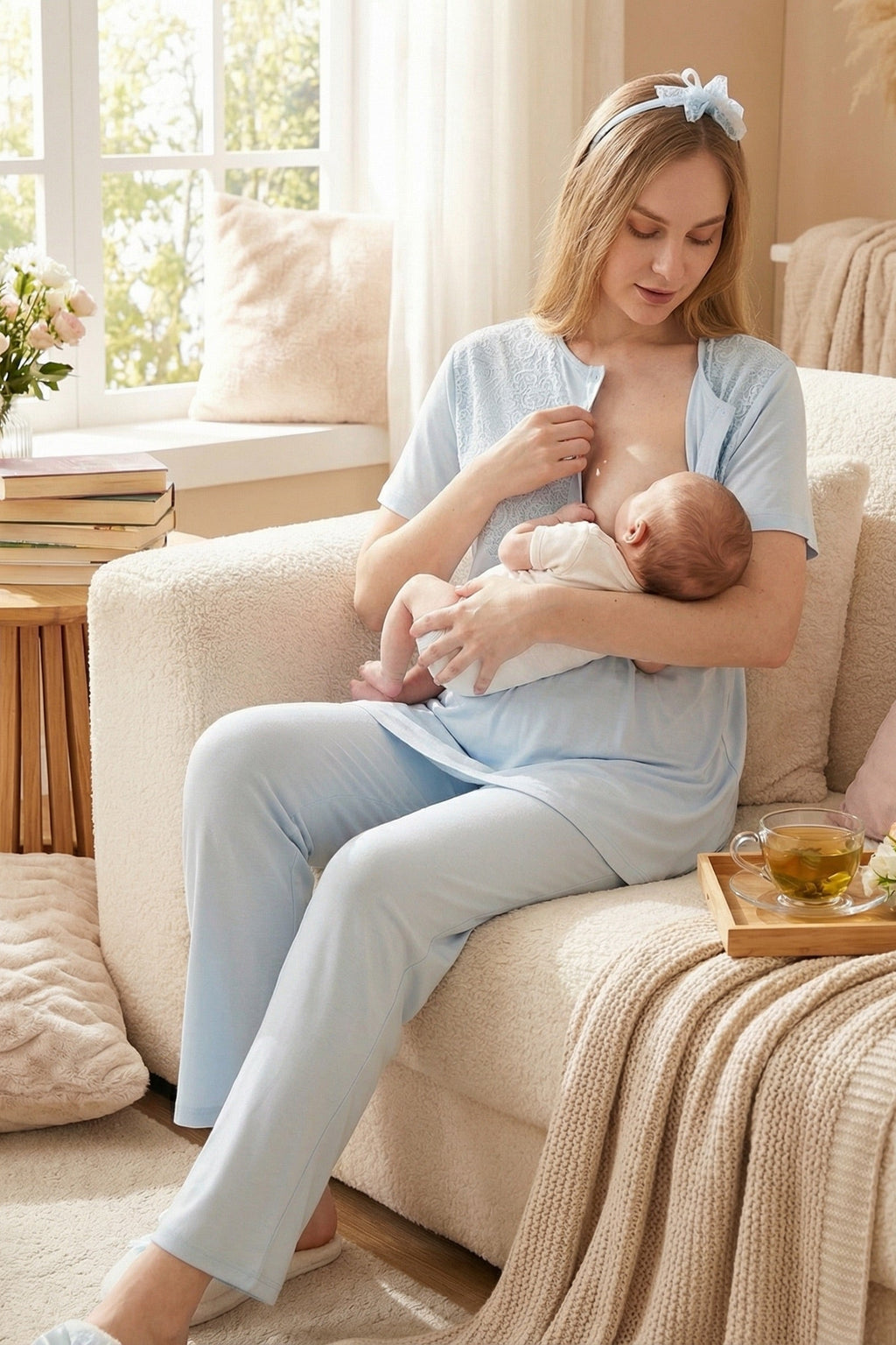 Delicate Lace Collar 3-Piece Maternity-Nursing Pajama & Jacquard Robe Set Blue - 3475