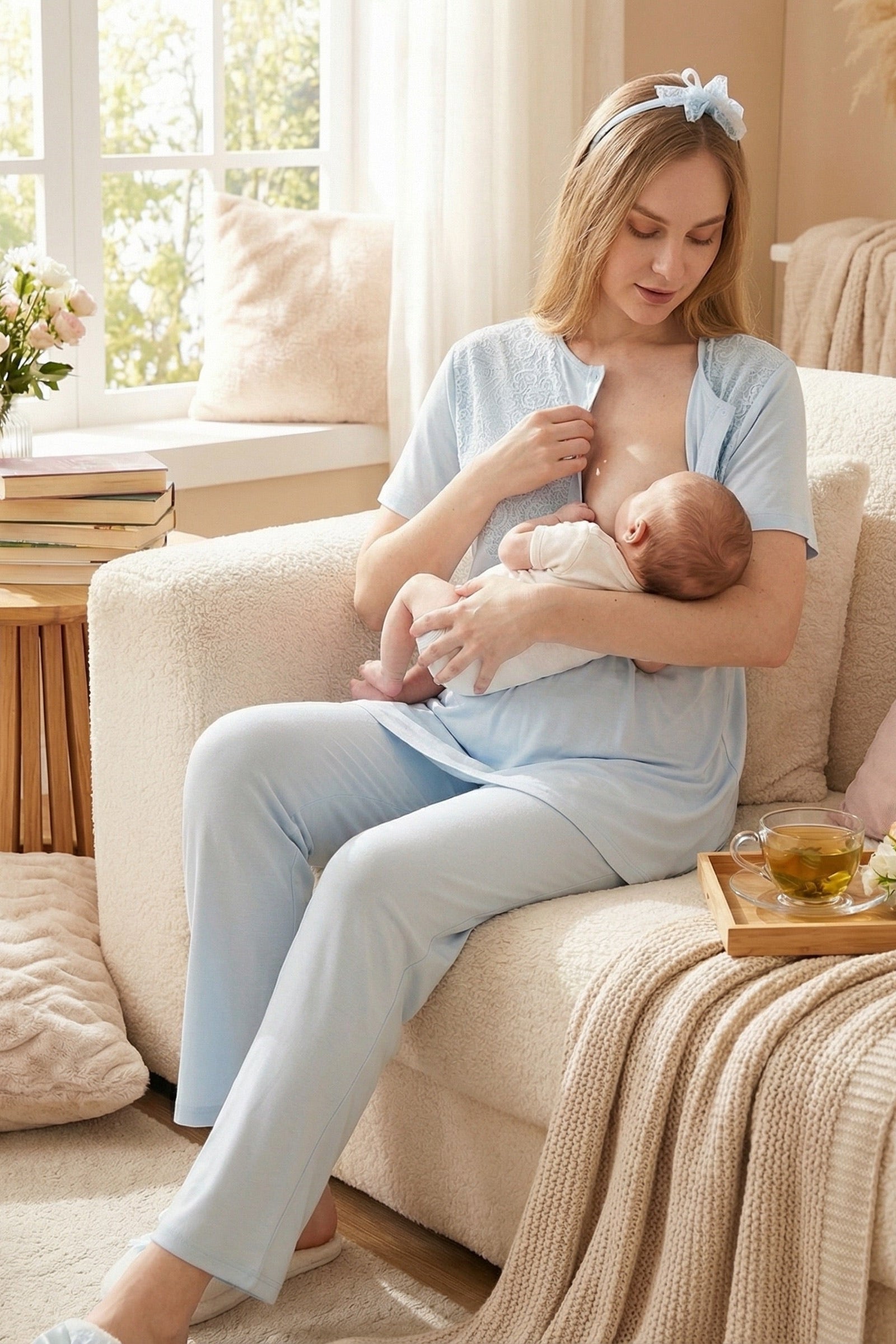 Delicate Lace Collar 3-Piece Maternity-Nursing Pajama & Jacquard Robe Set Blue - 3475