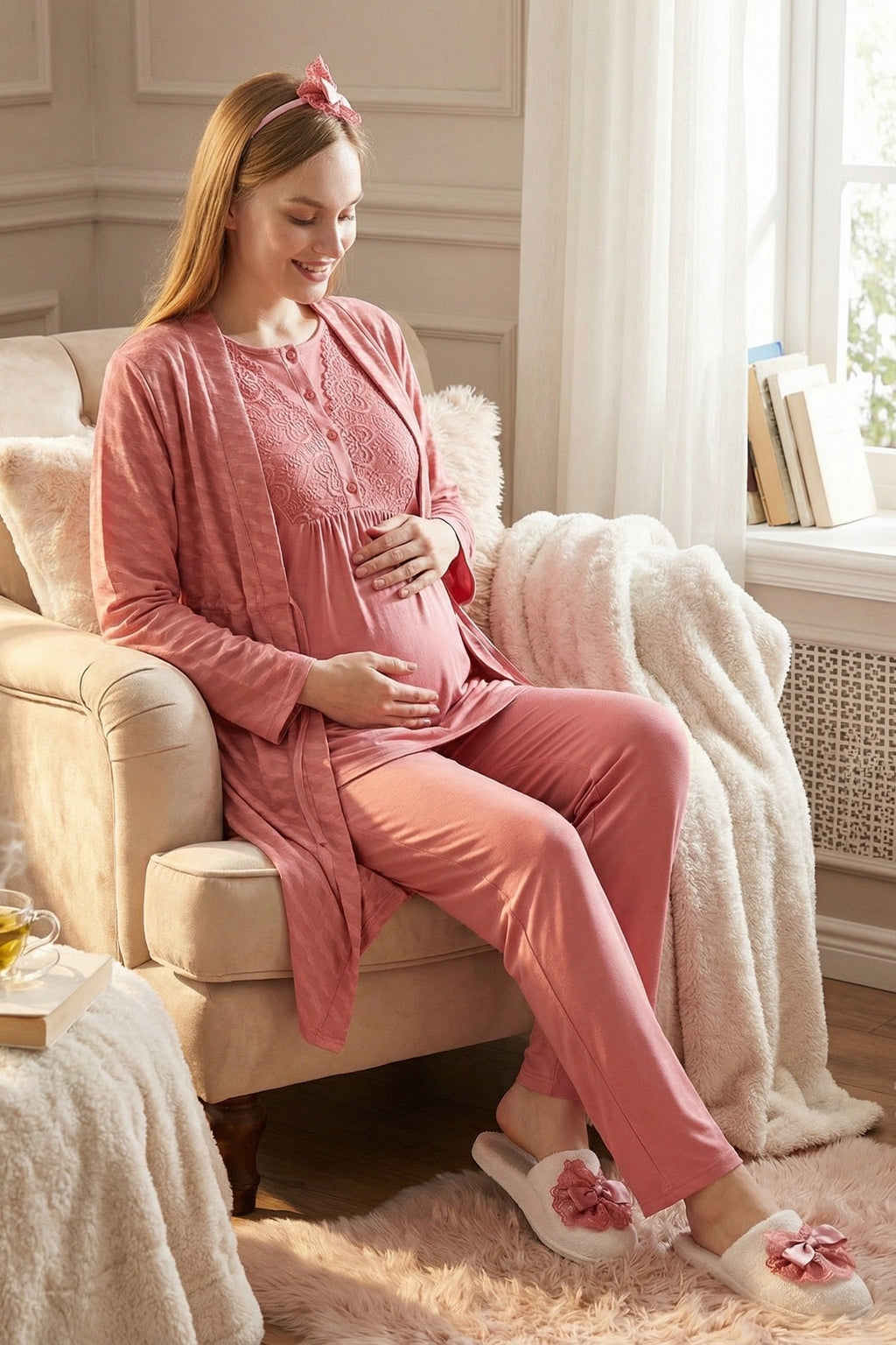 Delicate Lace Collar 3-Piece Maternity-Nursing Pajama & Jacquard Robe Set Pomegranate Red - 3475