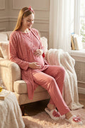 Delicate Lace Collar 3-Piece Maternity-Nursing Pajama & Jacquard Robe Set Pomegranate Red - 3475
