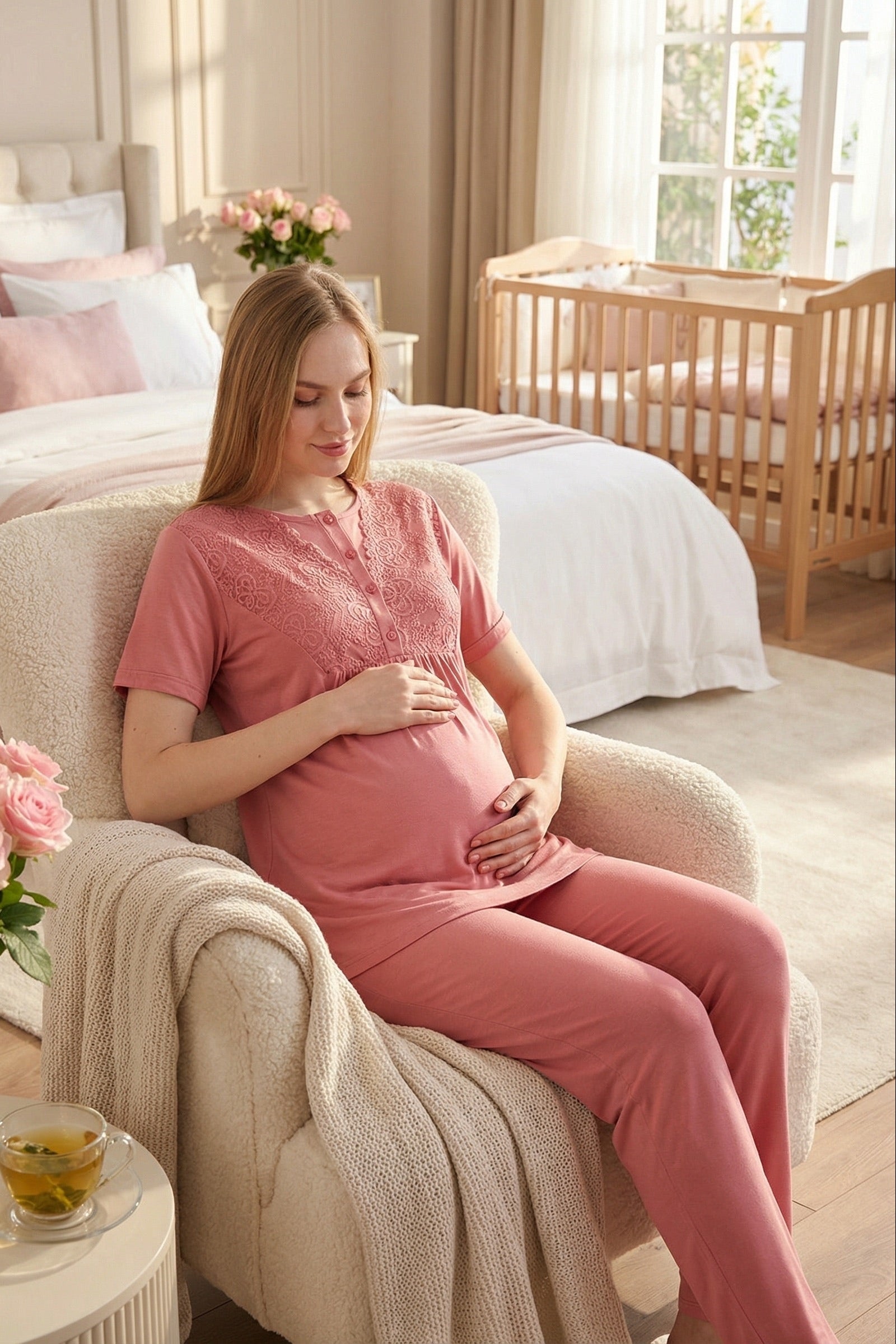 Delicate Lace Collar 3-Piece Maternity-Nursing Pajama & Jacquard Robe Set Pomegranate Red - 3475