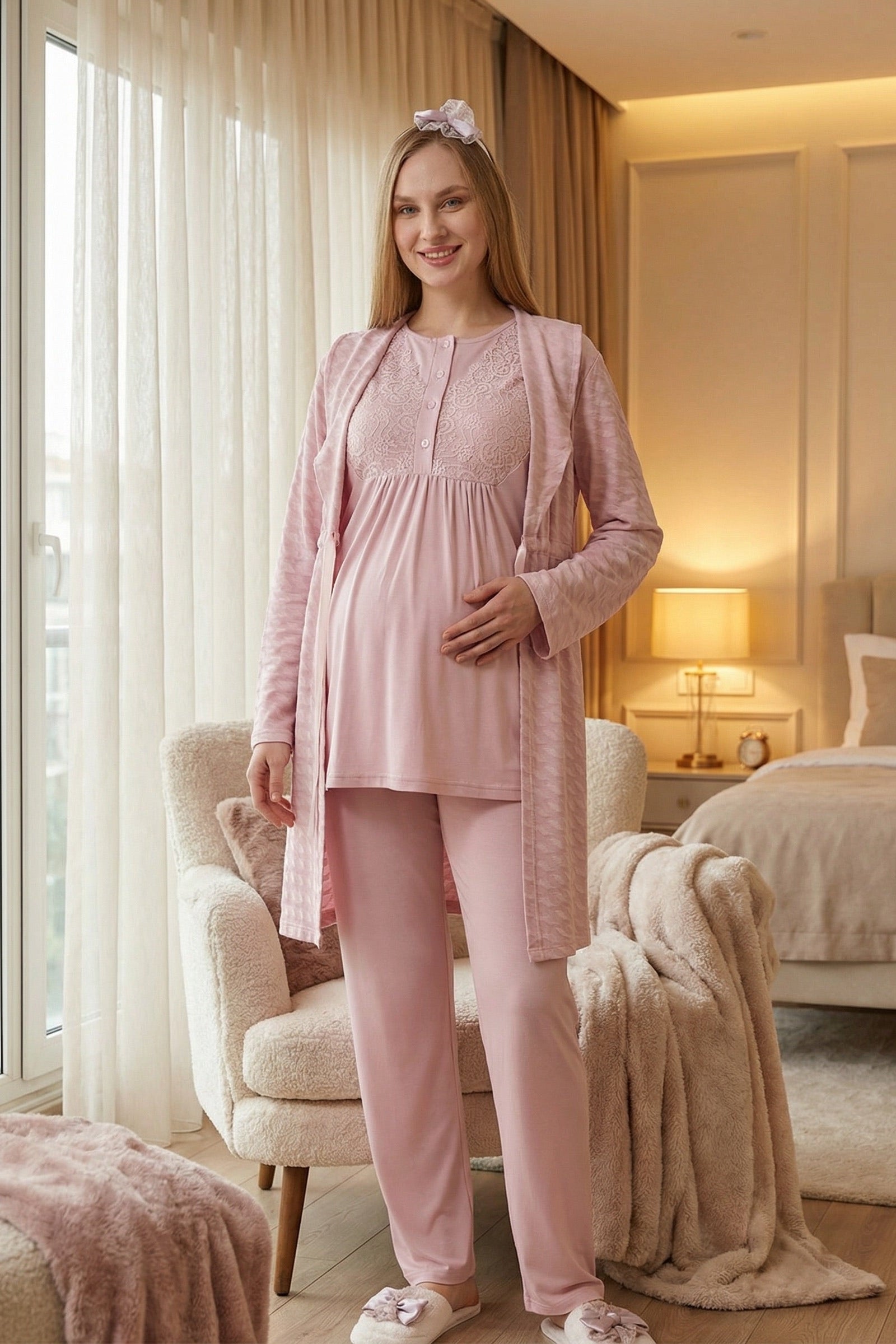 Delicate Lace Collar 3-Piece Maternity-Nursing Pajama & Jacquard Robe Set Powder - 3475