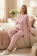 Delicate Lace Collar 3-Piece Maternity-Nursing Pajama & Jacquard Robe Set Powder - 3475