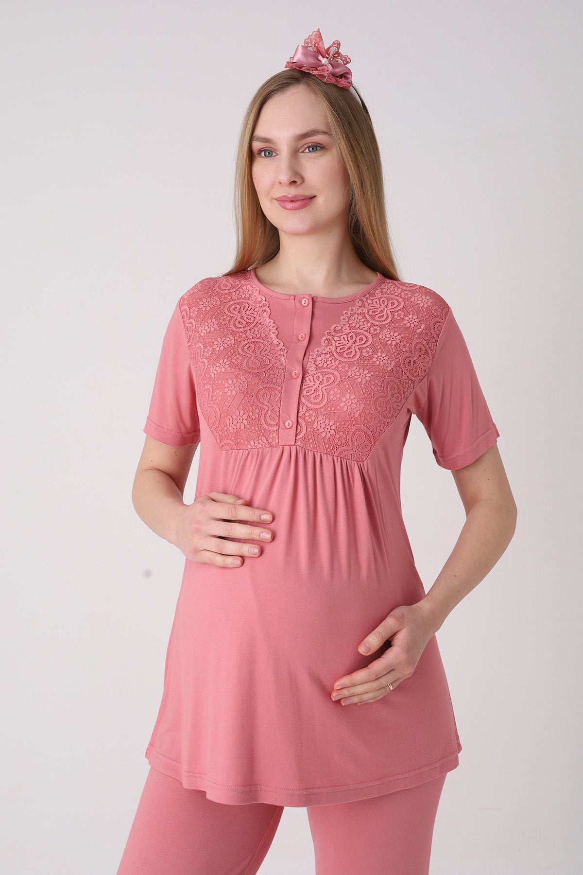 Delicate Lace Collar 3-Piece Maternity-Nursing Pajama & Jacquard Robe Set Pomegranate Red - 3475