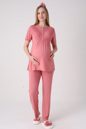 Delicate Lace Collar 3-Piece Maternity-Nursing Pajama & Jacquard Robe Set Pomegranate Red - 3475