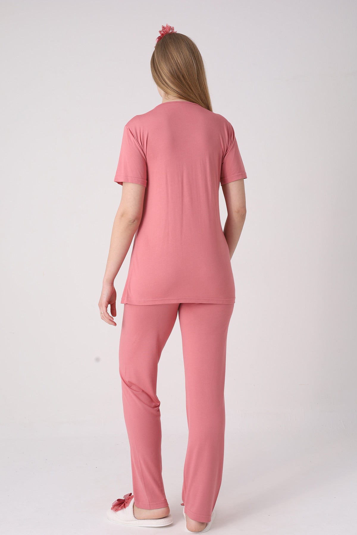 Delicate Lace Collar 3-Piece Maternity-Nursing Pajama & Jacquard Robe Set Pomegranate Red - 3475