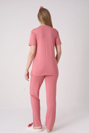 Delicate Lace Collar 3-Piece Maternity-Nursing Pajama & Jacquard Robe Set Pomegranate Red - 3475