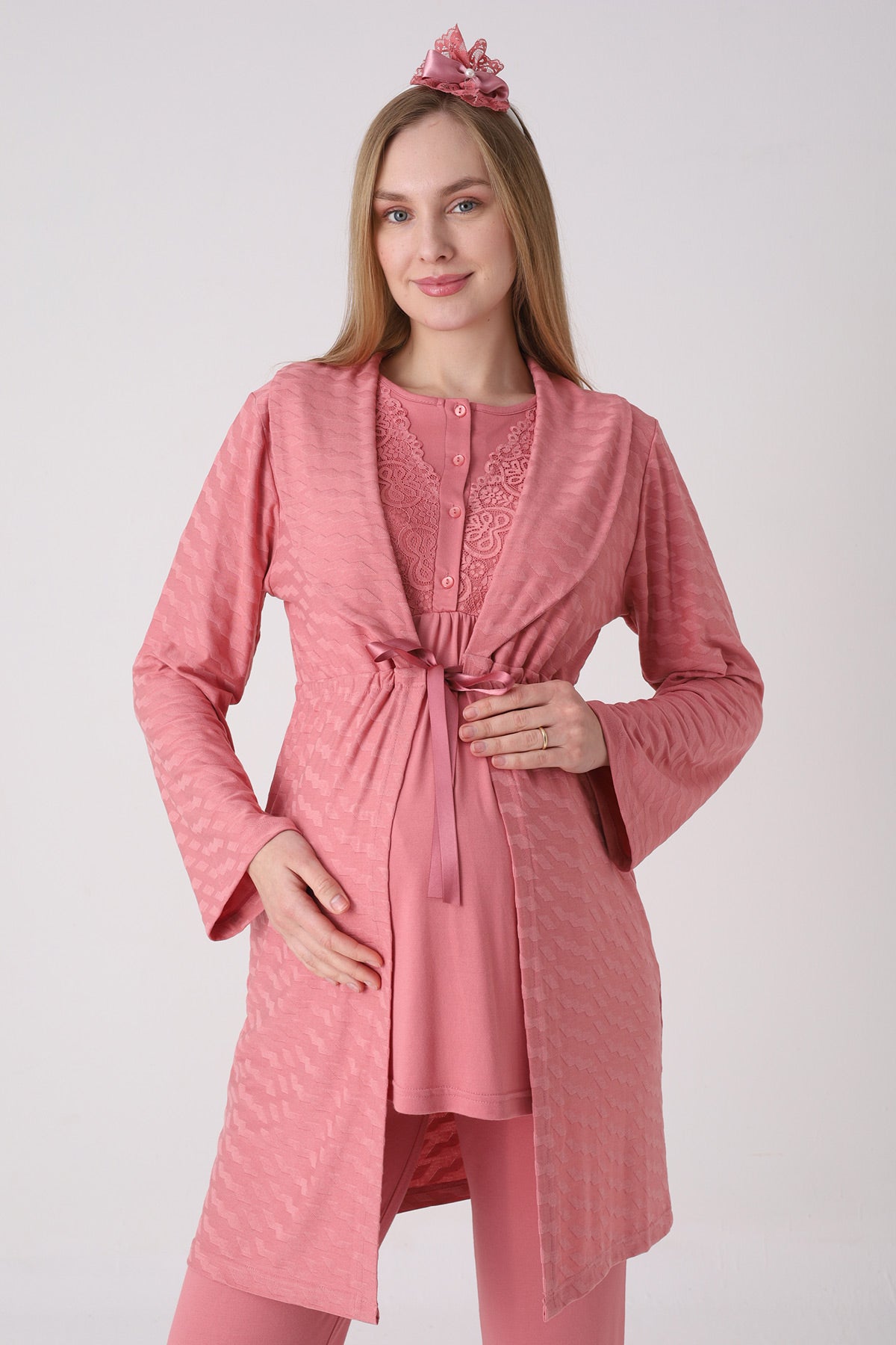 Delicate Lace Collar 3-Piece Maternity-Nursing Pajama & Jacquard Robe Set Pomegranate Red - 3475