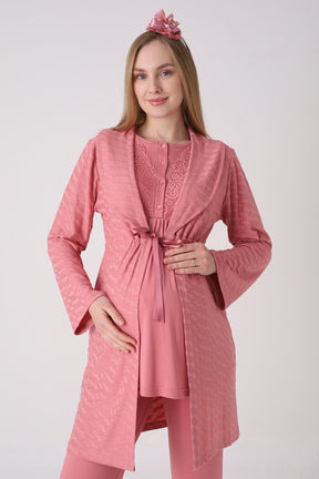 Delicate Lace Collar 3-Piece Maternity-Nursing Pajama & Jacquard Robe Set Pomegranate Red - 3475