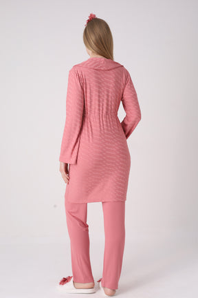 Delicate Lace Collar 3-Piece Maternity-Nursing Pajama & Jacquard Robe Set Pomegranate Red - 3475